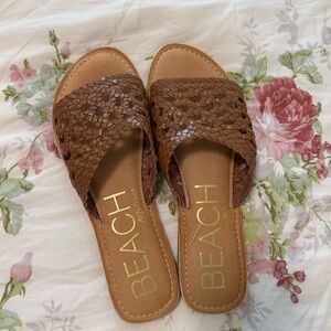 BEACH Braided Slide Sandals - Women's Tan Woven Slip-Ons